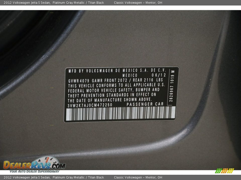 2012 Volkswagen Jetta S Sedan Platinum Gray Metallic / Titan Black Photo #16