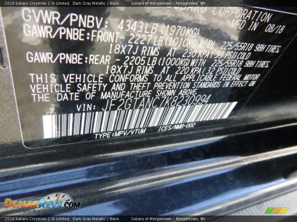 2019 Subaru Crosstrek 2.0i Limited Dark Gray Metallic / Black Photo #16