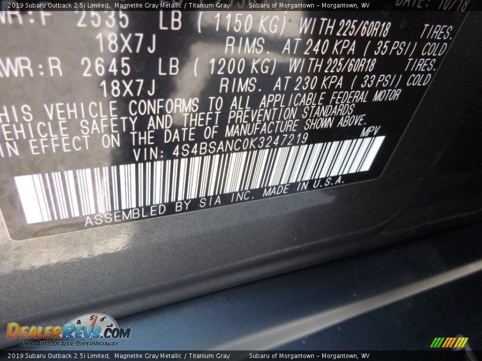 2019 Subaru Outback 2.5i Limited Magnetite Gray Metallic / Titanium Gray Photo #15