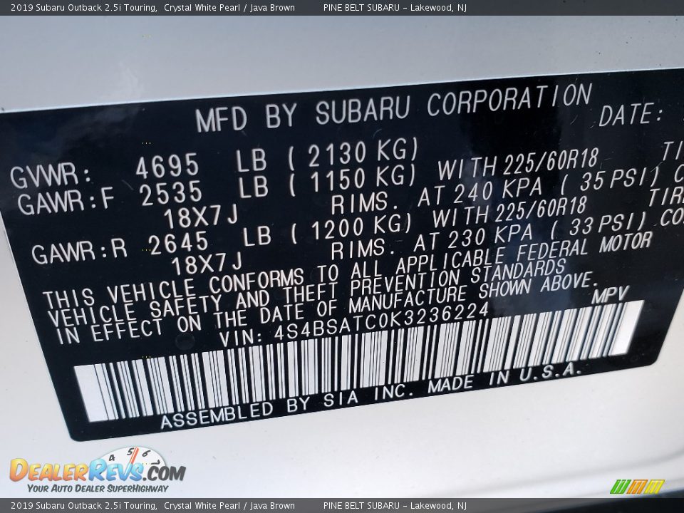 2019 Subaru Outback 2.5i Touring Crystal White Pearl / Java Brown Photo #9