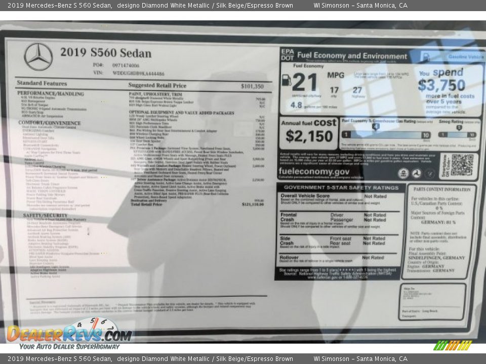 2019 Mercedes-Benz S 560 Sedan designo Diamond White Metallic / Silk Beige/Espresso Brown Photo #10