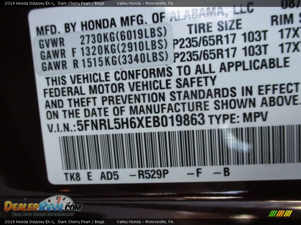 2014 Honda Odyssey EX-L Dark Cherry Pearl / Beige Photo #19