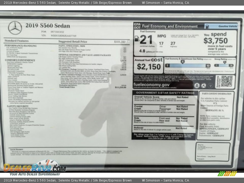 2019 Mercedes-Benz S 560 Sedan Window Sticker Photo #10