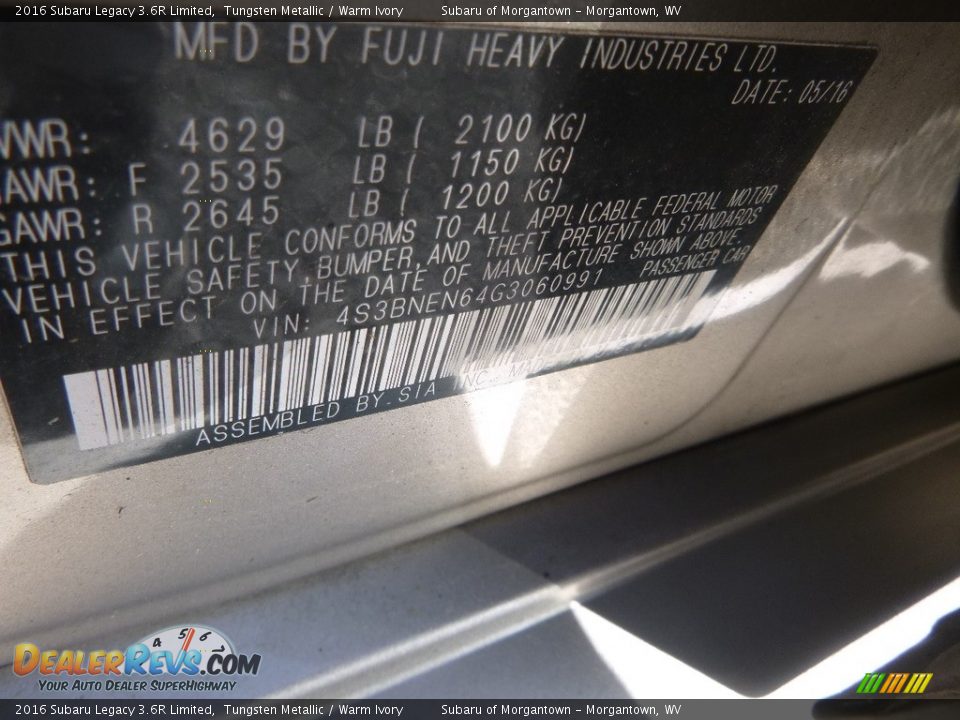 2016 Subaru Legacy 3.6R Limited Tungsten Metallic / Warm Ivory Photo #13