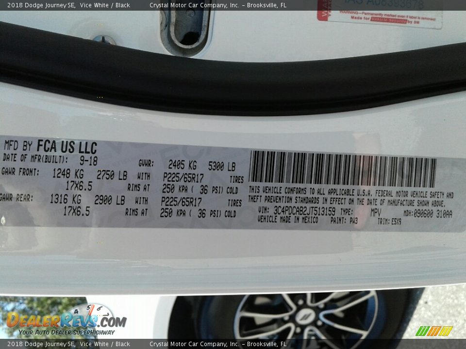 2018 Dodge Journey SE Vice White / Black Photo #21