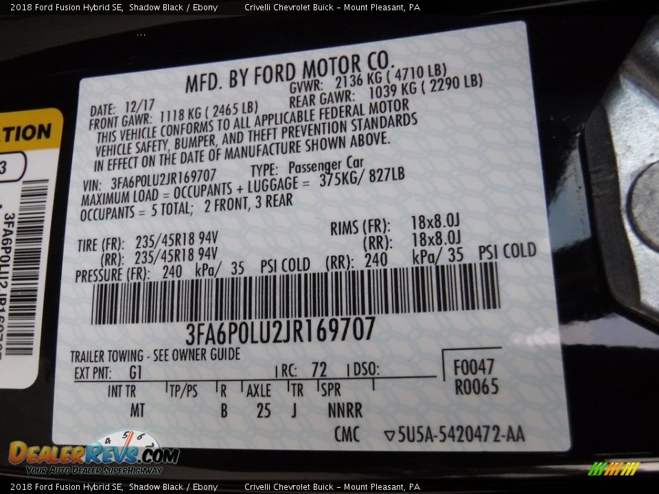 2018 Ford Fusion Hybrid SE Shadow Black / Ebony Photo #33