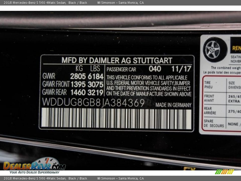 2018 Mercedes-Benz S 560 4Matic Sedan Black / Black Photo #10