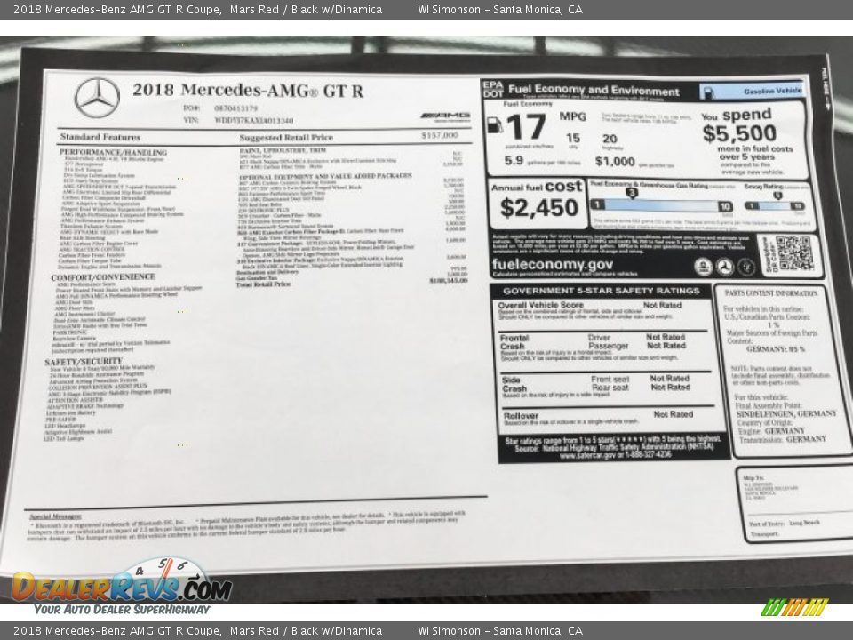2018 Mercedes-Benz AMG GT R Coupe Window Sticker Photo #17