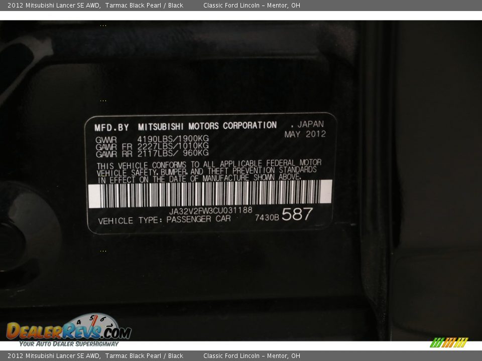 2012 Mitsubishi Lancer SE AWD Tarmac Black Pearl / Black Photo #12