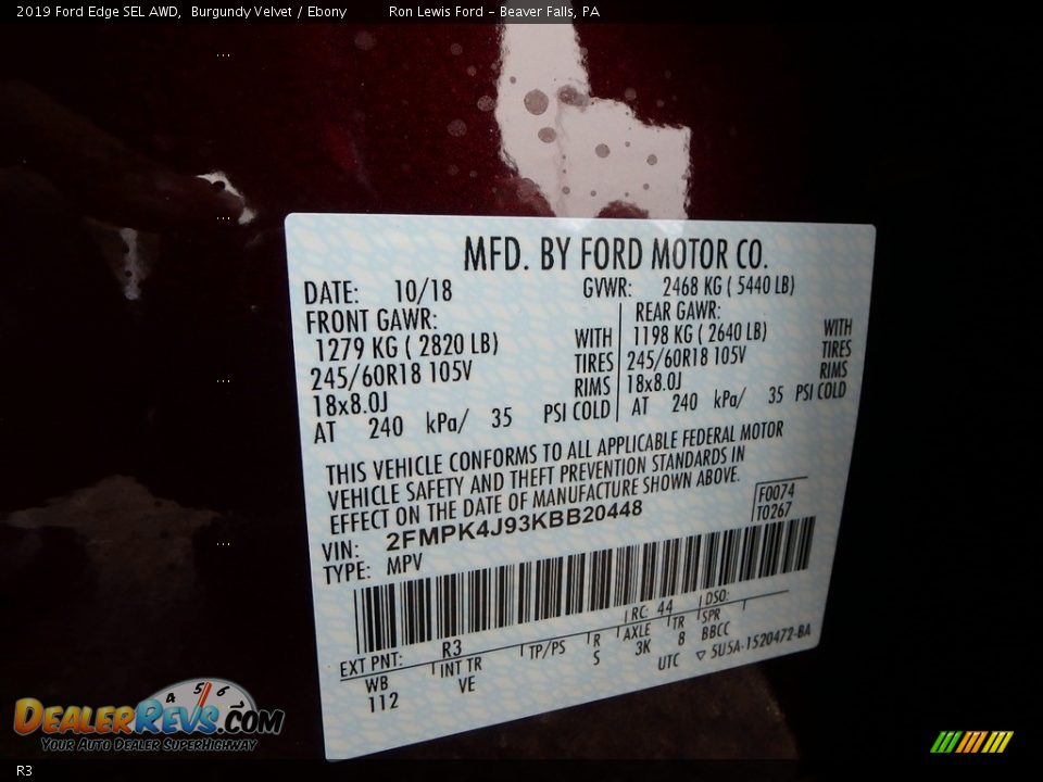 Ford Color Code R3 Burgundy Velvet