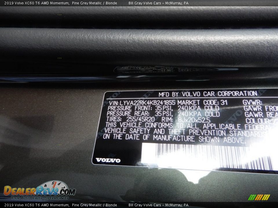 2019 Volvo XC60 T6 AWD Momentum Pine Grey Metallic / Blonde Photo #11
