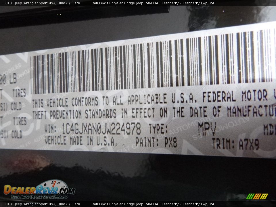 2018 Jeep Wrangler Sport 4x4 Black / Black Photo #15