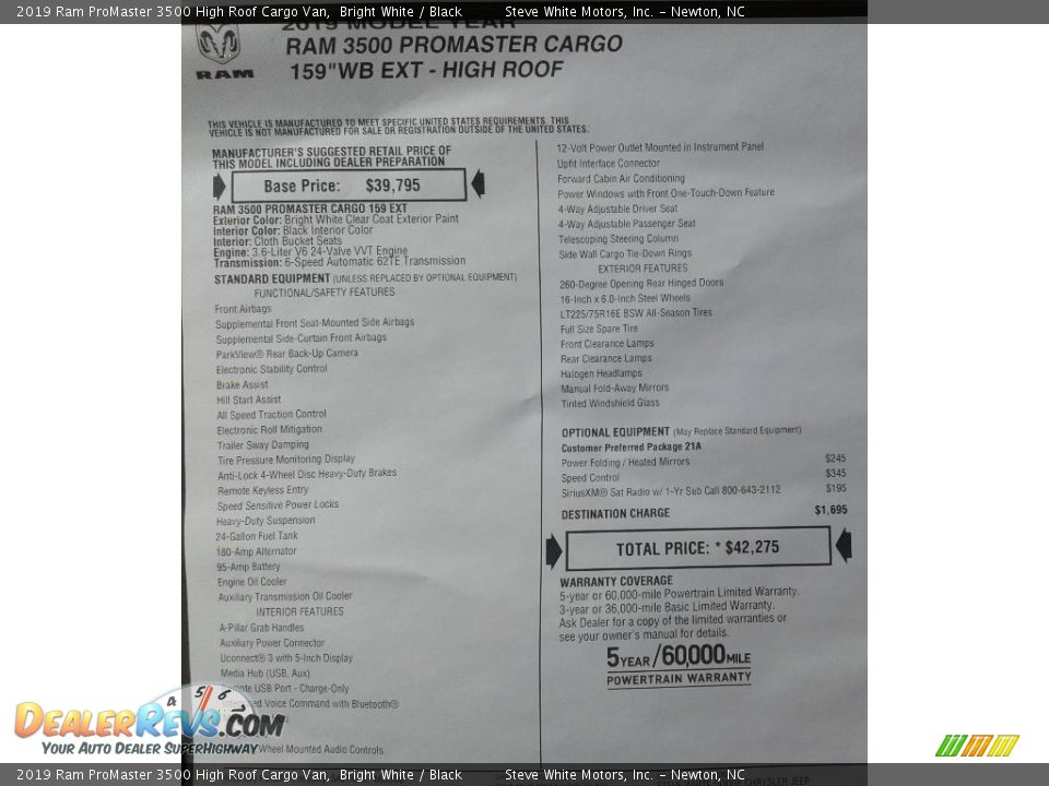 2019 Ram ProMaster 3500 High Roof Cargo Van Window Sticker Photo #27