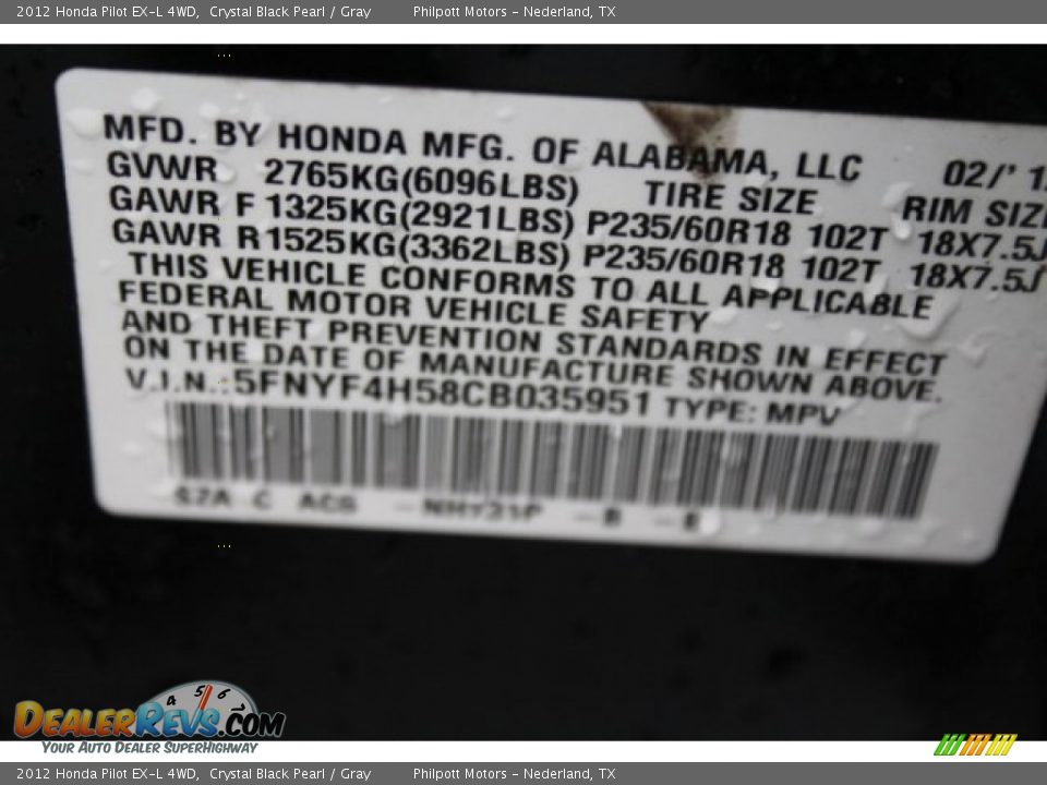 2012 Honda Pilot EX-L 4WD Crystal Black Pearl / Gray Photo #36