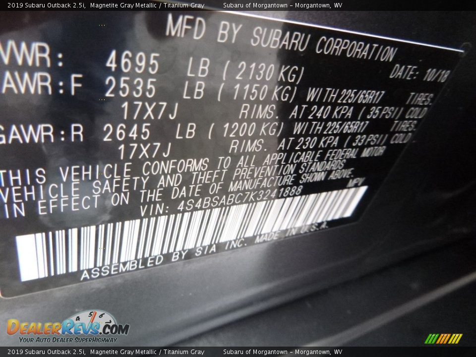 2019 Subaru Outback 2.5i Magnetite Gray Metallic / Titanium Gray Photo #14