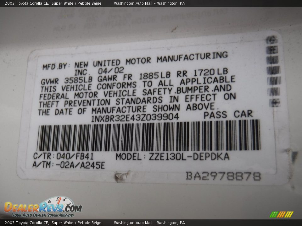 2003 Toyota Corolla CE Super White / Pebble Beige Photo #19