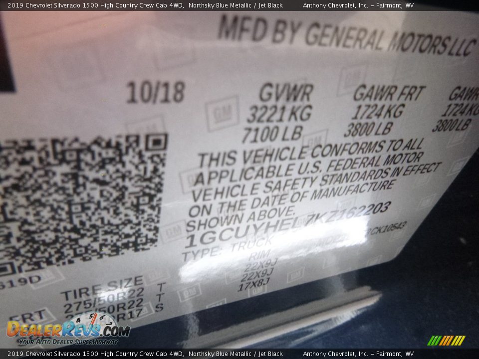 2019 Chevrolet Silverado 1500 High Country Crew Cab 4WD Northsky Blue Metallic / Jet Black Photo #16