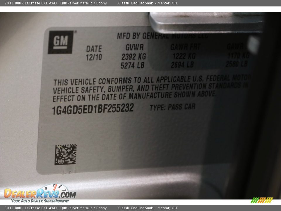 2011 Buick LaCrosse CXL AWD Quicksilver Metallic / Ebony Photo #20