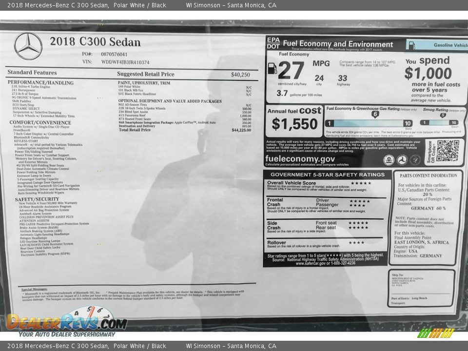 2018 Mercedes-Benz C 300 Sedan Polar White / Black Photo #10