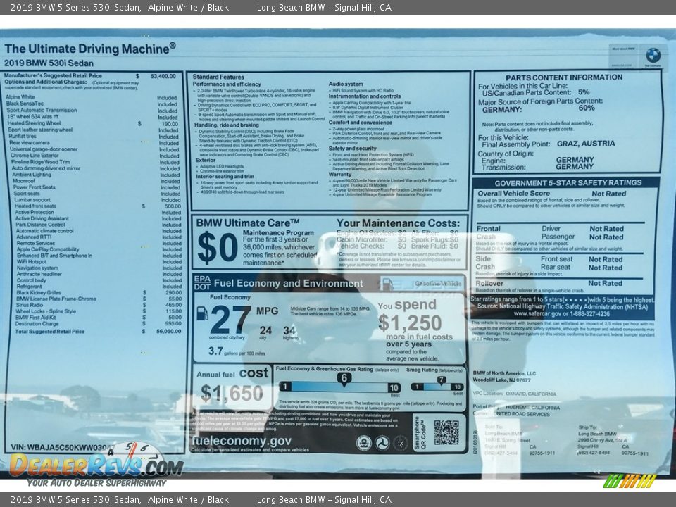 2019 BMW 5 Series 530i Sedan Alpine White / Black Photo #10