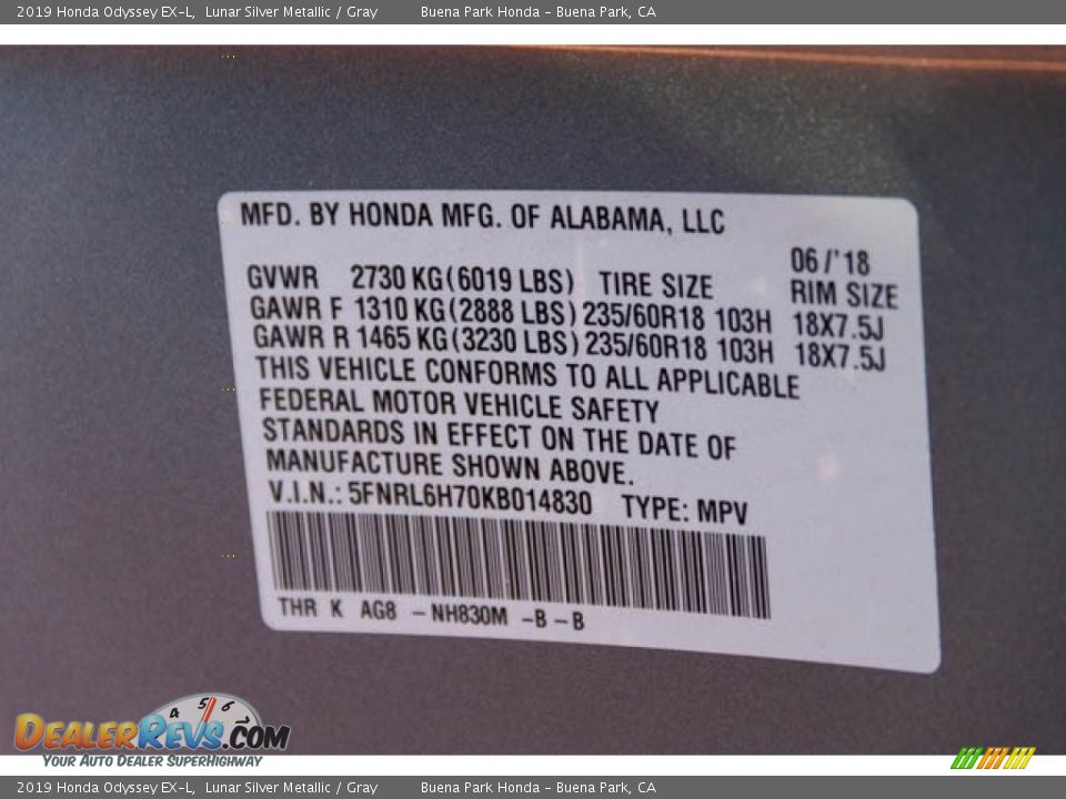 2019 Honda Odyssey EX-L Lunar Silver Metallic / Gray Photo #36