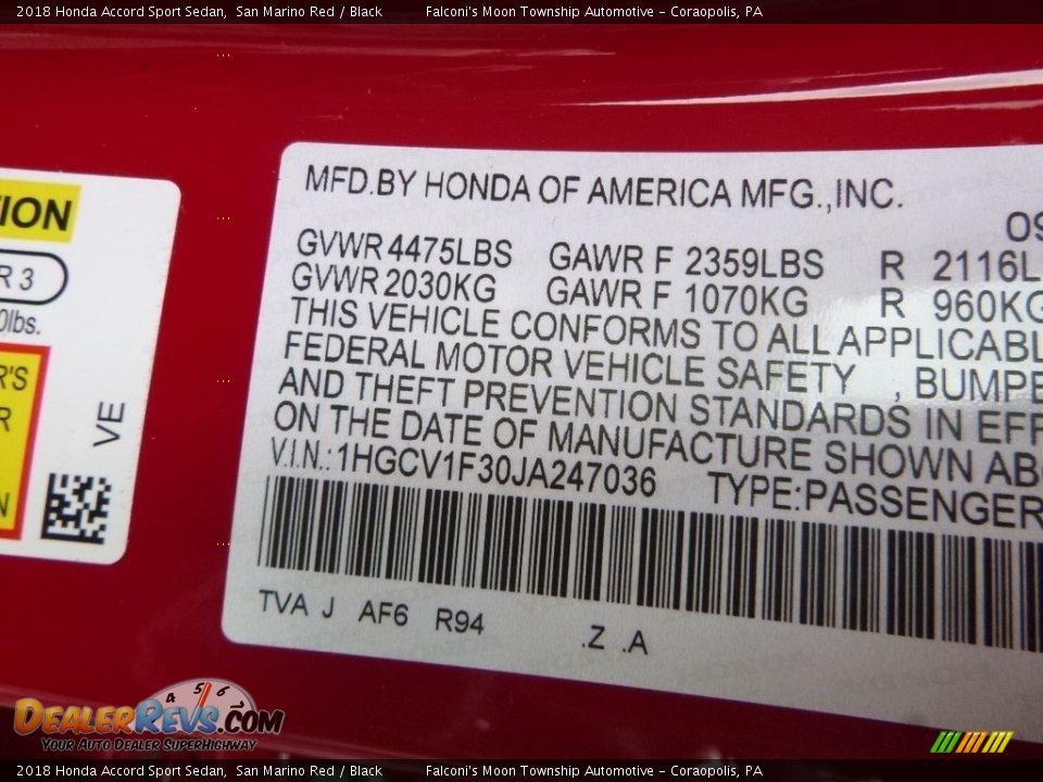 2018 Honda Accord Sport Sedan San Marino Red / Black Photo #13
