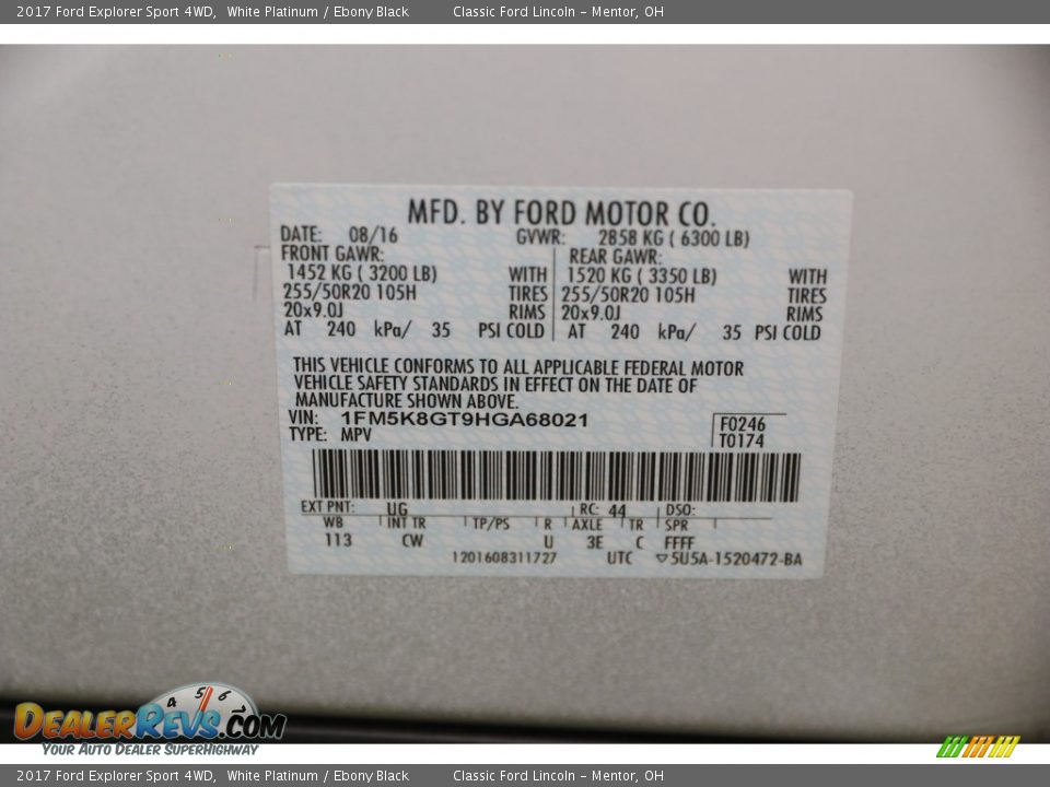 2017 Ford Explorer Sport 4WD White Platinum / Ebony Black Photo #22