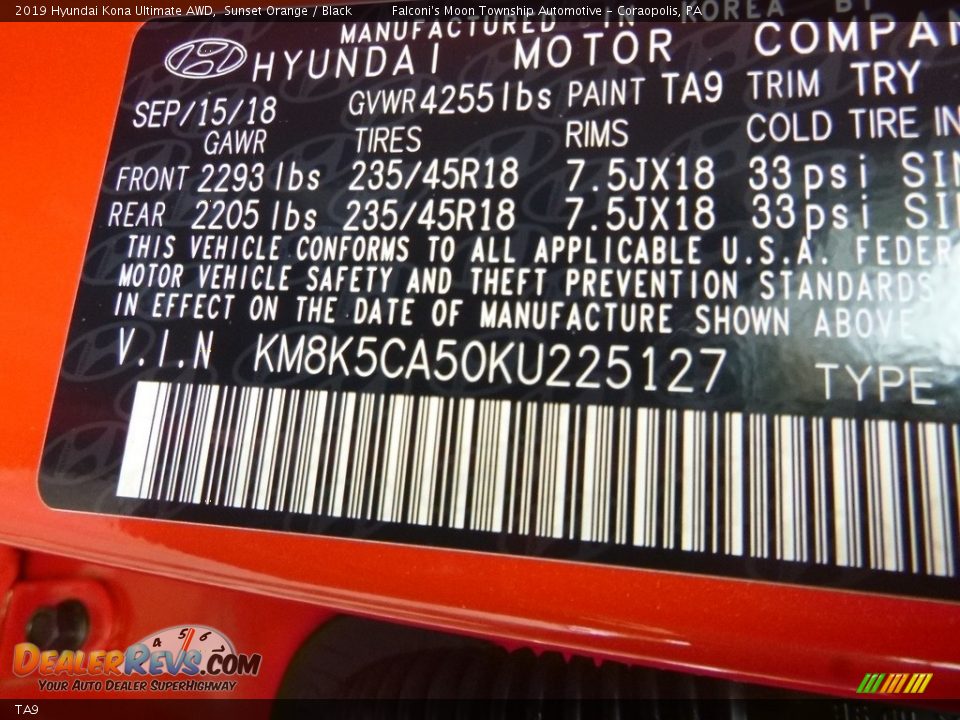 Hyundai Color Code TA9 Sunset Orange