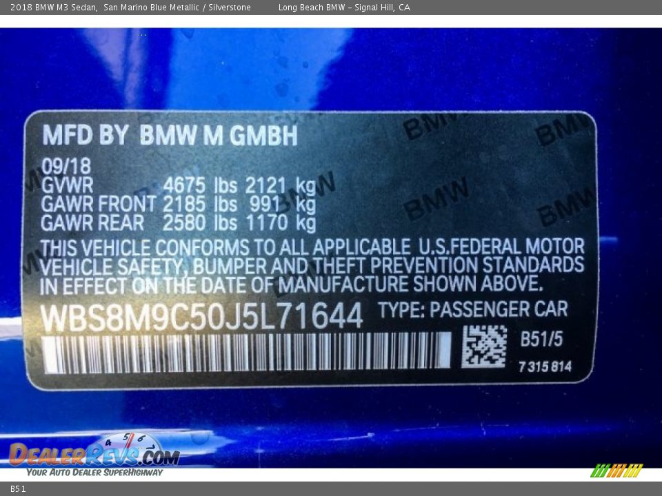 BMW Color Code B51 San Marino Blue Metallic