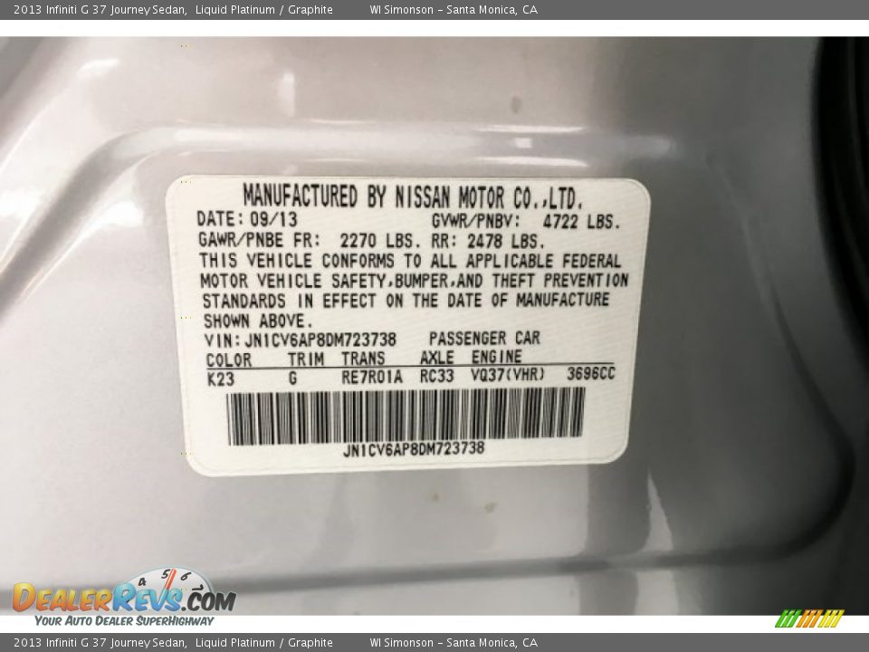 2013 Infiniti G 37 Journey Sedan Liquid Platinum / Graphite Photo #26
