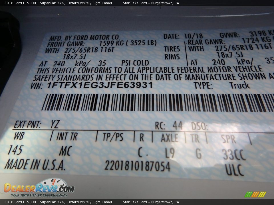 2018 Ford F150 XLT SuperCab 4x4 Oxford White / Light Camel Photo #13