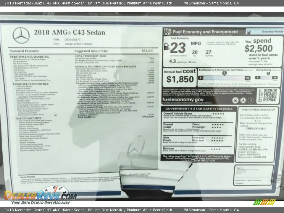 2018 Mercedes-Benz C 43 AMG 4Matic Sedan Brilliant Blue Metallic / Platinum White Pearl/Black Photo #10