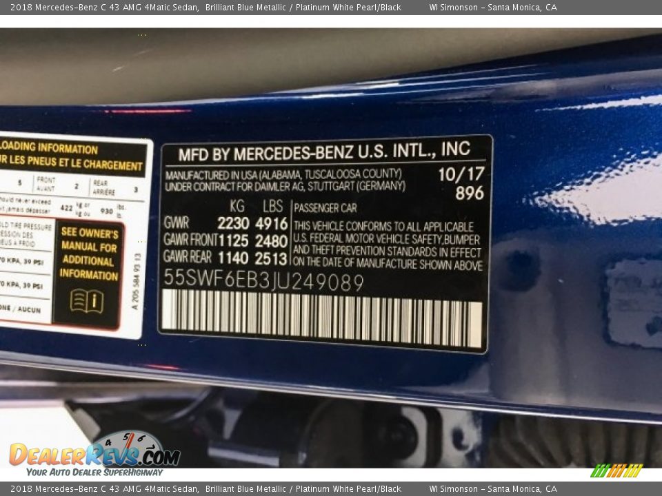 2018 Mercedes-Benz C 43 AMG 4Matic Sedan Brilliant Blue Metallic / Platinum White Pearl/Black Photo #11