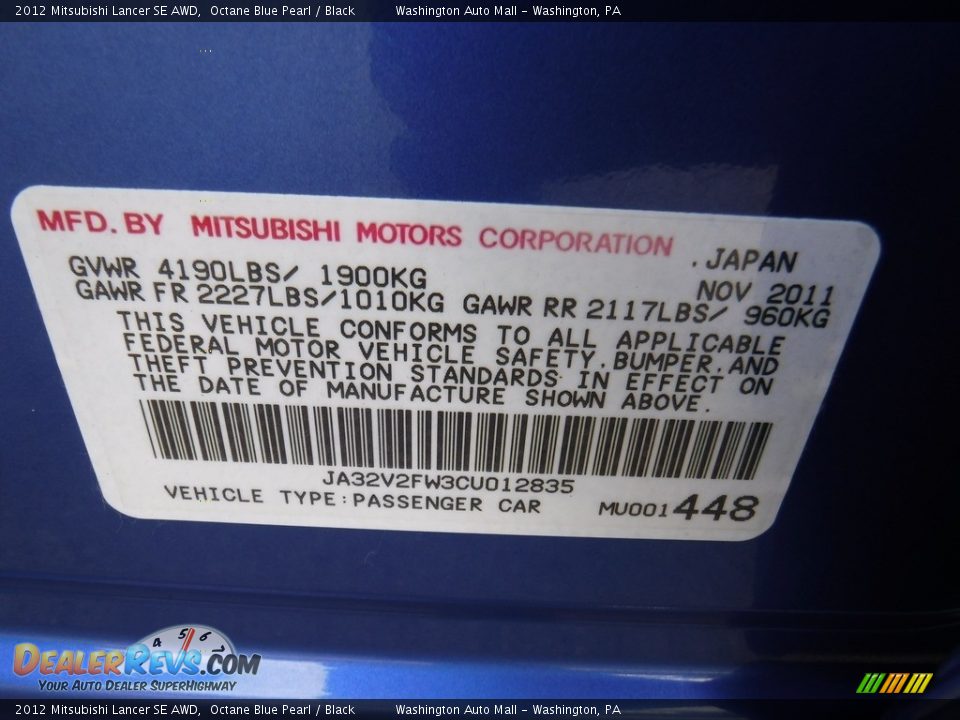 2012 Mitsubishi Lancer SE AWD Octane Blue Pearl / Black Photo #23