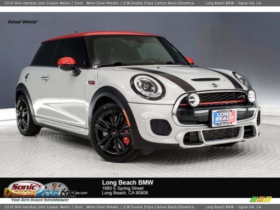 2016 Mini Hardtop John Cooper Works 2 Door White Silver Metallic / JCW Double Stripe Carbon Black/Dinamica Photo #1