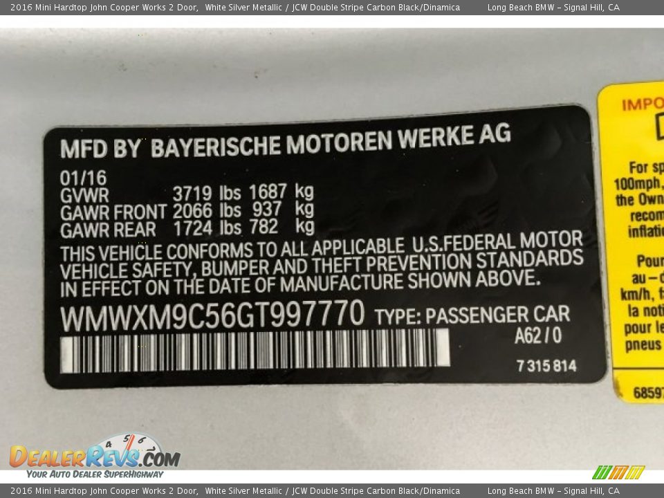 2016 Mini Hardtop John Cooper Works 2 Door White Silver Metallic / JCW Double Stripe Carbon Black/Dinamica Photo #21