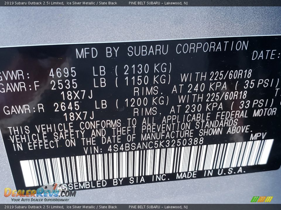 2019 Subaru Outback 2.5i Limited Ice Silver Metallic / Slate Black Photo #9