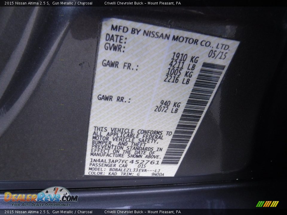 2015 Nissan Altima 2.5 S Gun Metallic / Charcoal Photo #34