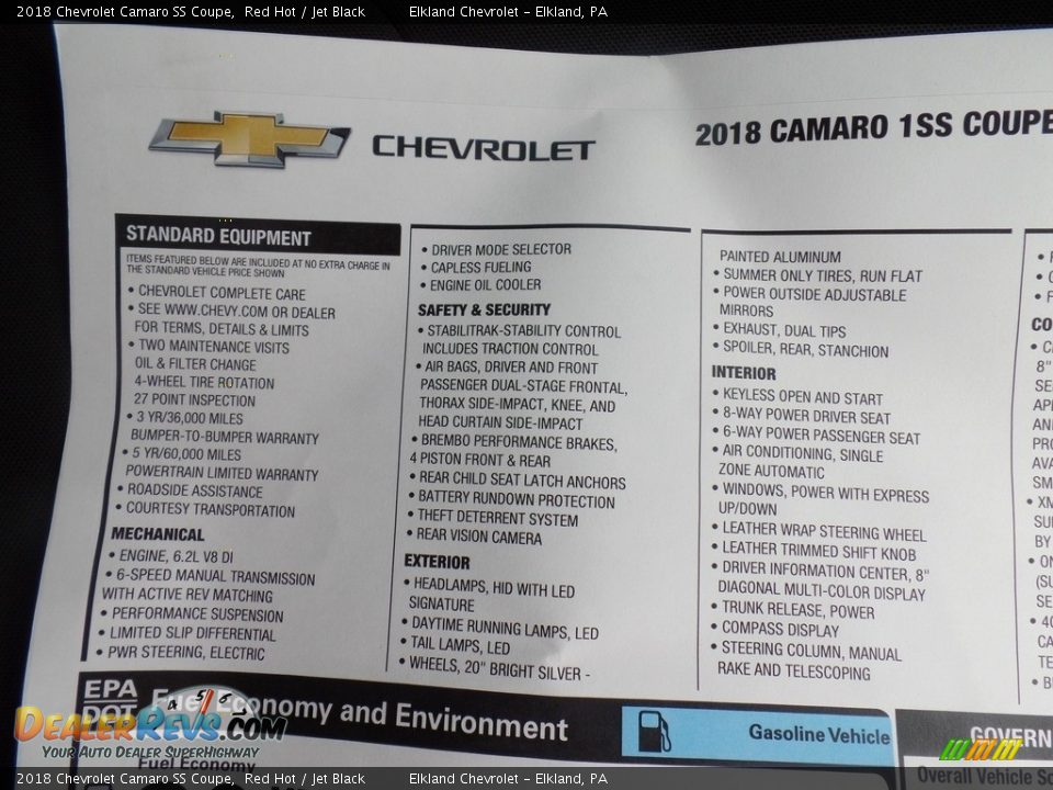 2018 Chevrolet Camaro SS Coupe Window Sticker Photo #34