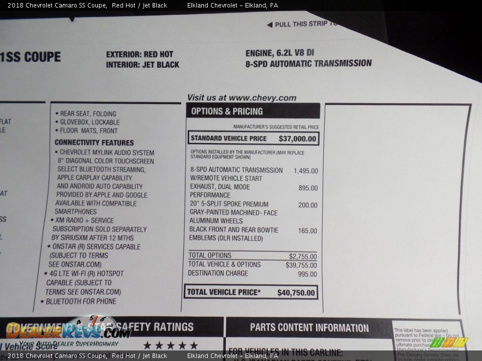 2018 Chevrolet Camaro SS Coupe Window Sticker Photo #35