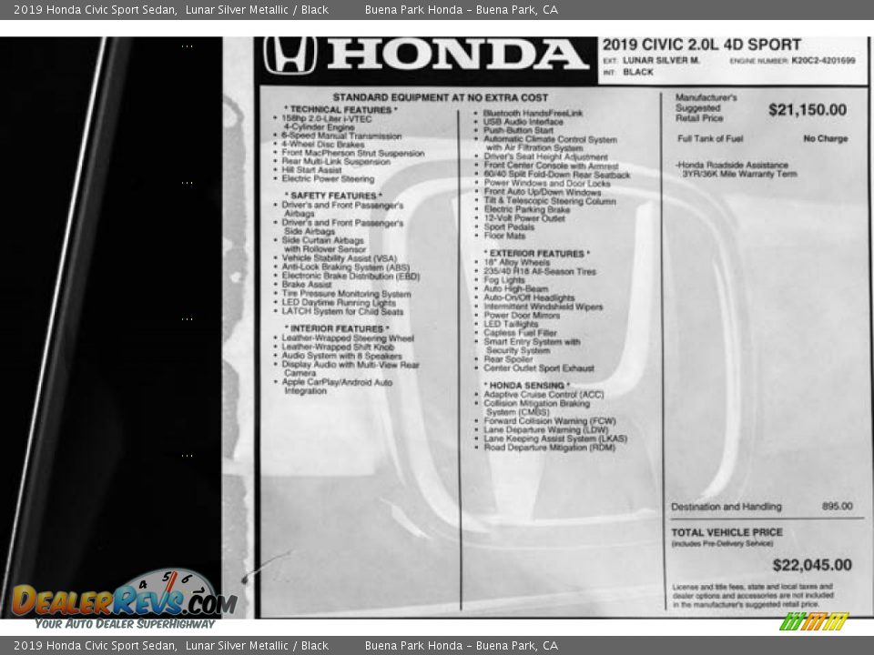 2019 Honda Civic Sport Sedan Lunar Silver Metallic / Black Photo #36