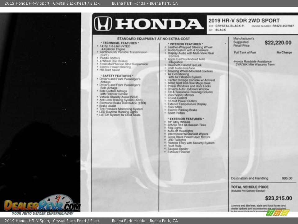 2019 Honda HR-V Sport Crystal Black Pearl / Black Photo #33