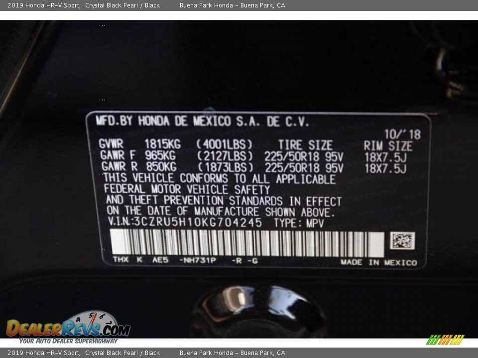 2019 Honda HR-V Sport Crystal Black Pearl / Black Photo #35