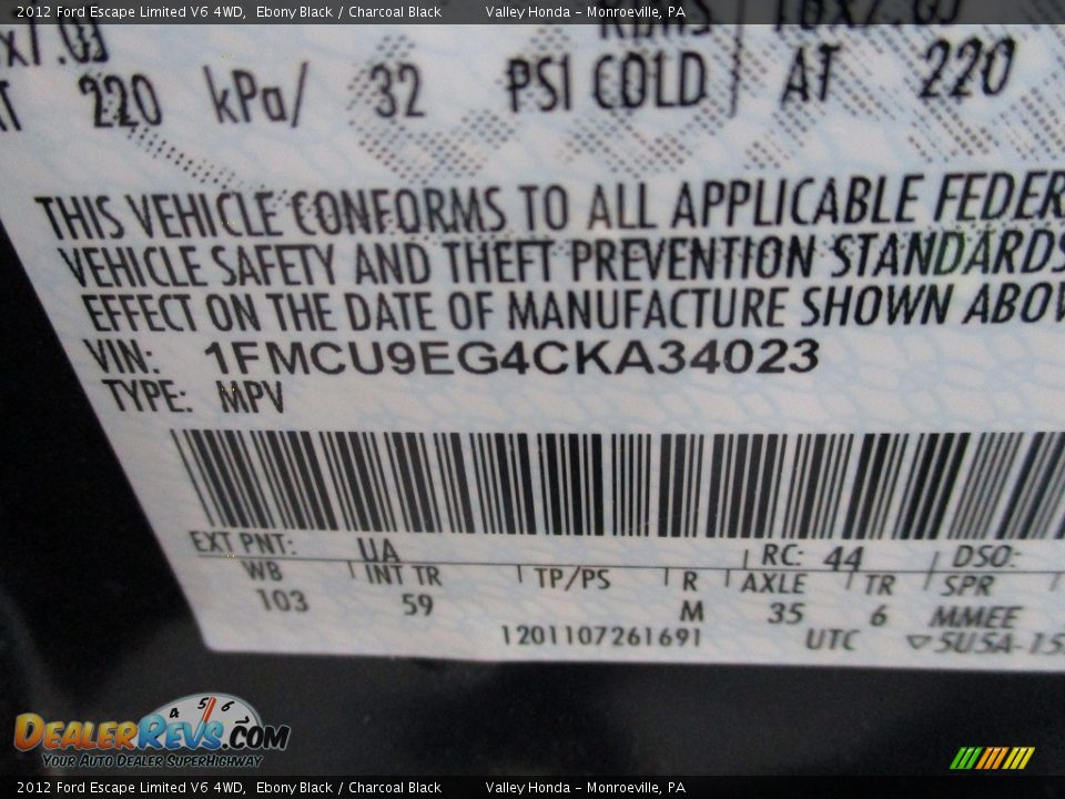 2012 Ford Escape Limited V6 4WD Ebony Black / Charcoal Black Photo #19