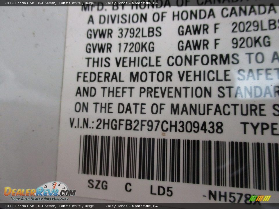 2012 Honda Civic EX-L Sedan Taffeta White / Beige Photo #19