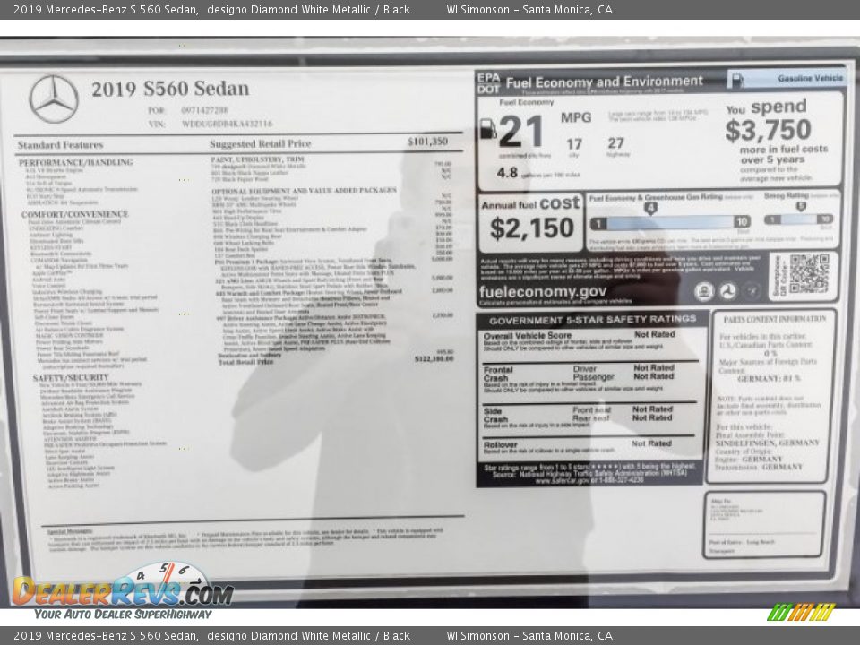 2019 Mercedes-Benz S 560 Sedan designo Diamond White Metallic / Black Photo #10