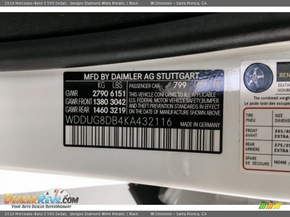 2019 Mercedes-Benz S 560 Sedan designo Diamond White Metallic / Black Photo #11