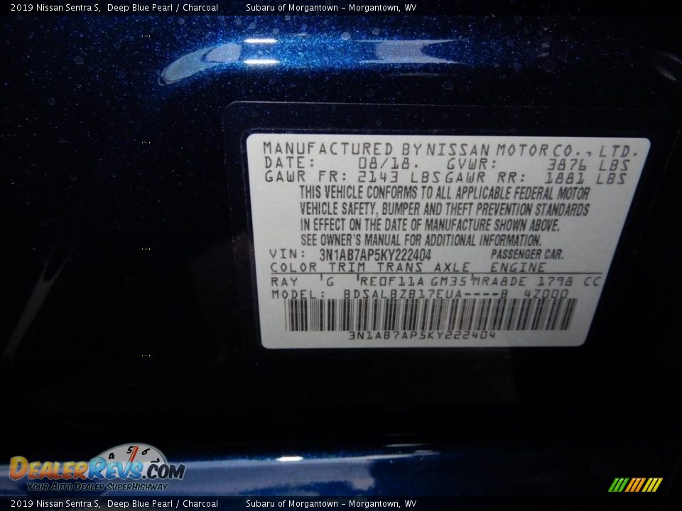 2019 Nissan Sentra S Deep Blue Pearl / Charcoal Photo #20