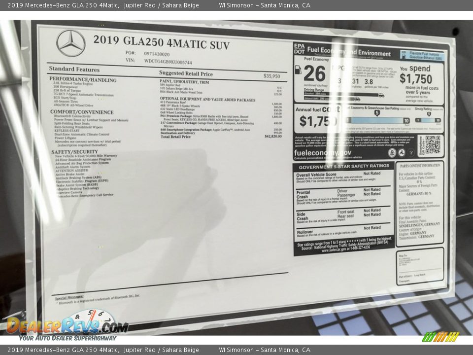 2019 Mercedes-Benz GLA 250 4Matic Window Sticker Photo #10