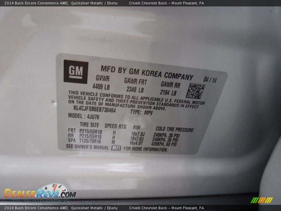 2014 Buick Encore Convenience AWD Quicksilver Metallic / Ebony Photo #35
